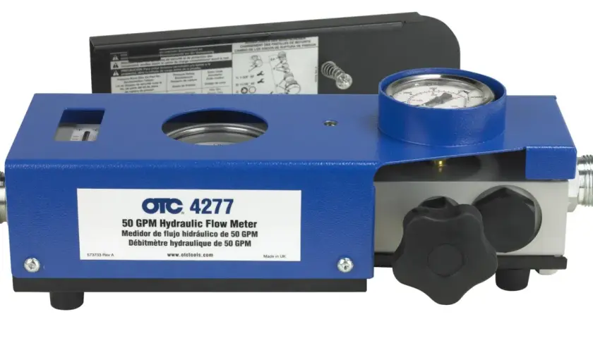 OTC 4277 hydraulic flow meter, designed to measure the rate of flow up to 50 GPM. Features a pressure gauge and temperature display.