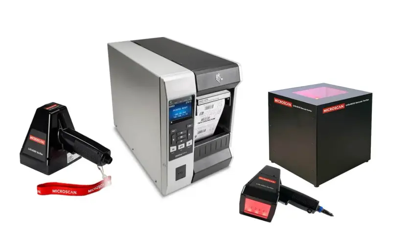 Three Microscan barcode verifiers and a Zebra printer are displayed.