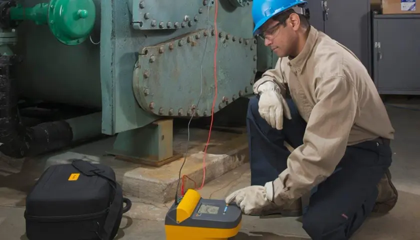 Technician uses a megohmmeter, a meter used to measure insulation resistance, on industrial equipment.
