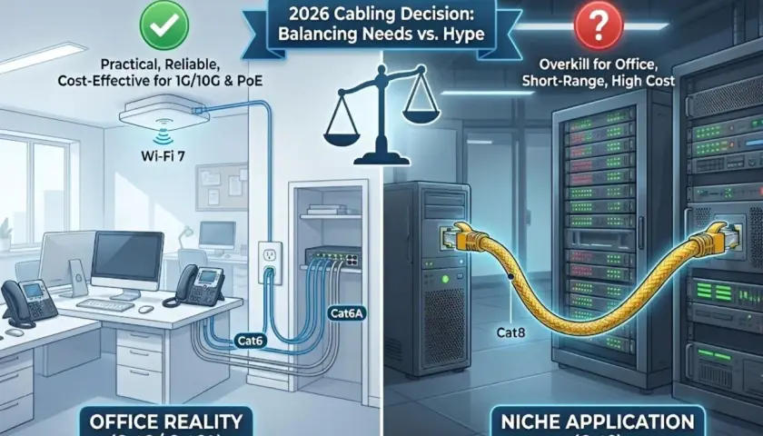 Office reality uses Cat6/Cat6A for practical, reliable, cost-effective networking. Cat8 is a niche application, overkill for offices.