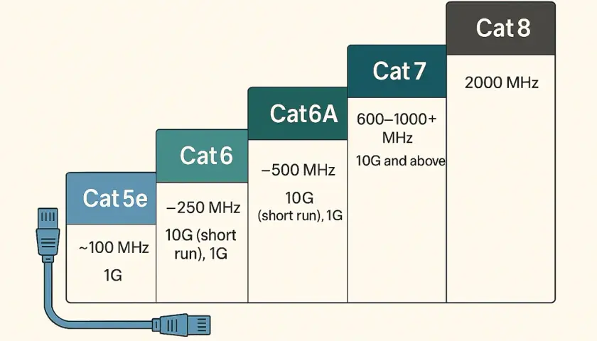 Diagram shows Ethernet cable categories (Cat 5e to Cat 8) with their MHz and speed capabilities. Cat 6 supports 250 MHz and 10G on short runs, illustrating ethernet cable distance limit cat6.