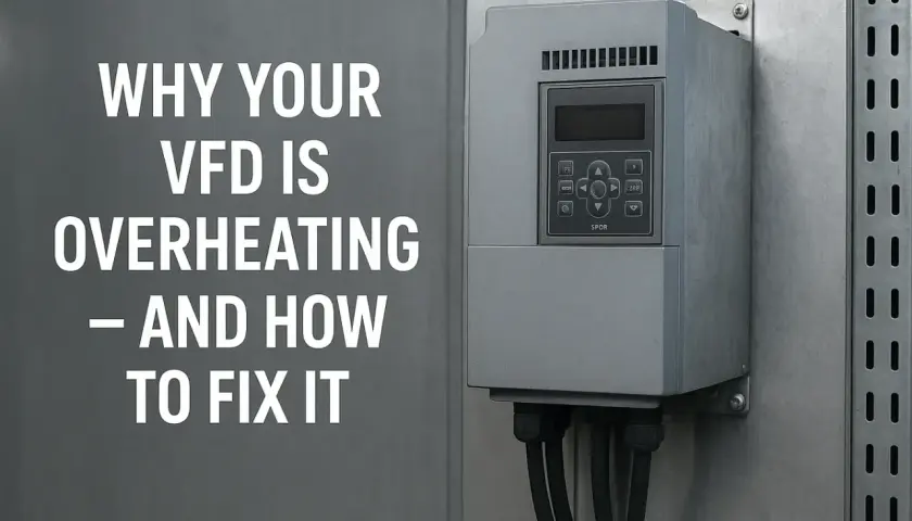A VFD motor overload fault can cause overheating. This image shows a VFD unit and text explaining why your VFD is overheating and how to fix it.