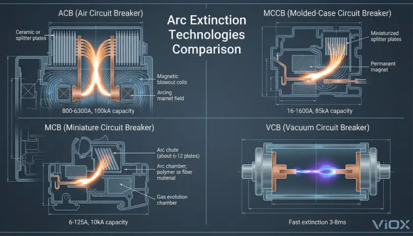 Diagrams comparing arc extinction technologies in ACB, MCCB, MCB, and VCB circuit breakers, illustrating arc quenching methods.