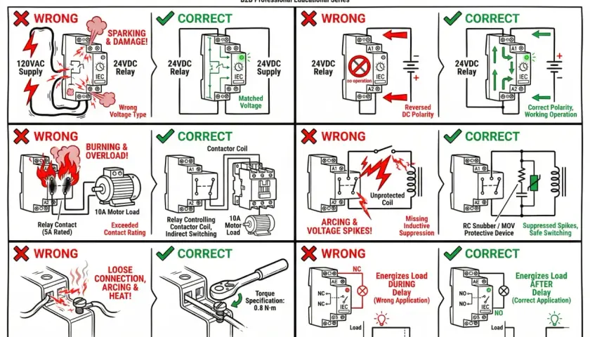 Diagrams showing correct and incorrect wiring for a motor starter coil symbol, illustrating issues like wrong voltage, reversed polarity, and arcing.