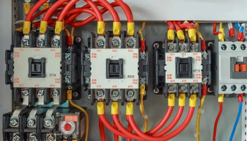 Close-up of IEC motor starters, showing the wiring and contactors. These are the most common components used in motor starter circuits.