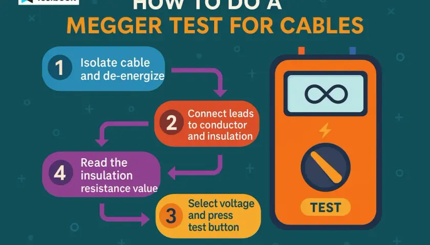 Diagram shows steps for a megger test: isolate cable, connect leads, select voltage, and read resistance. This test checks cable insulation.