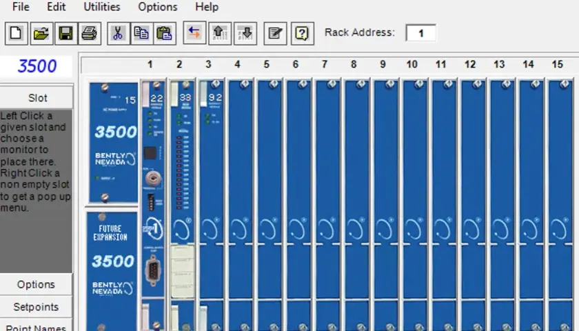 Baker Hughes Bently Nevada 3500 system configuration screen showing a rack with installed modules.