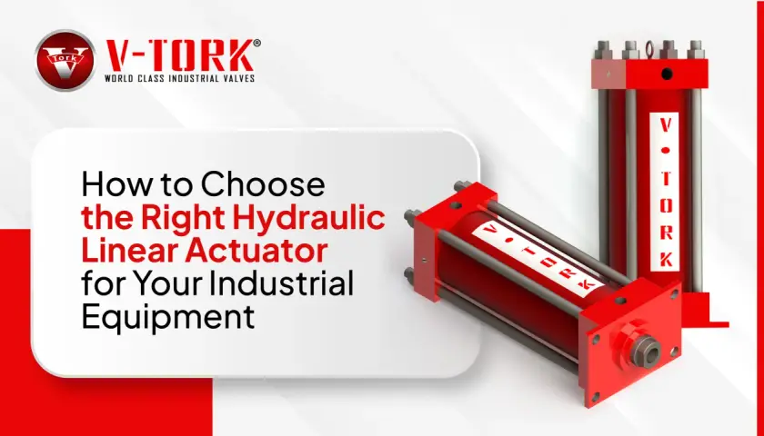 Red hydraulic actuator types from V-Tork, showcasing linear motion solutions for industrial equipment.