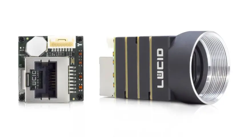 Two components from Lucid Vision Labs: a compact camera module with an RJ45 connector and a lens assembly.