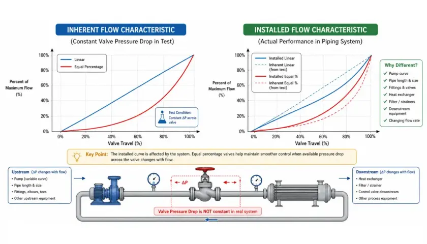 Diagrams compare linear and equal percentage valve flow characteristics. A linear control valve shows a straight line on a flow vs. travel graph.