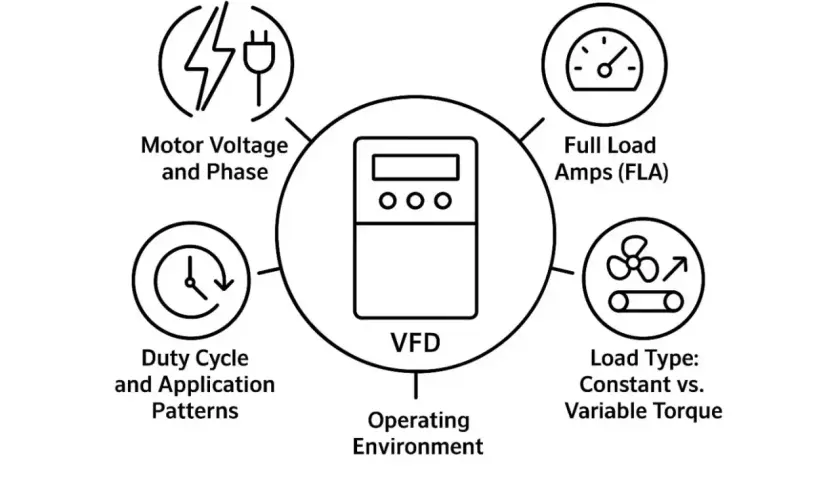 Diagram shows factors for VFD sizing: motor voltage, FLA, load type, duty cycle, and operating environment.