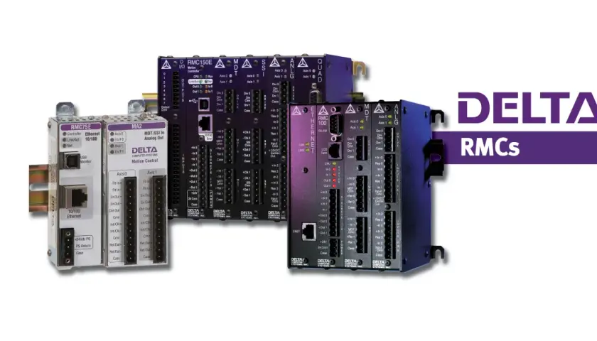 Delta Computer Systems RMC motion controllers, including RMC75E, MA2, RMC150E, and RMC100 models, are displayed.