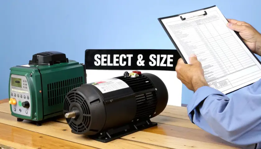 A person reviews a document next to a green VFD and a black motor. The sign "SELECT & SIZE" is visible, hinting at the importance of VFD carrier frequency.