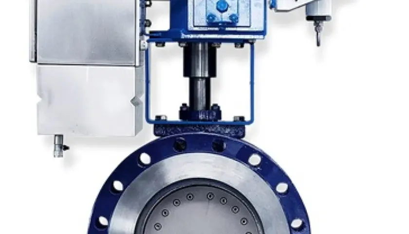 A heavy-duty industrial butterfly valve, likely a Zwick valve, with a blue flange and silver disc, connected to a complex blue and silver actuator system.