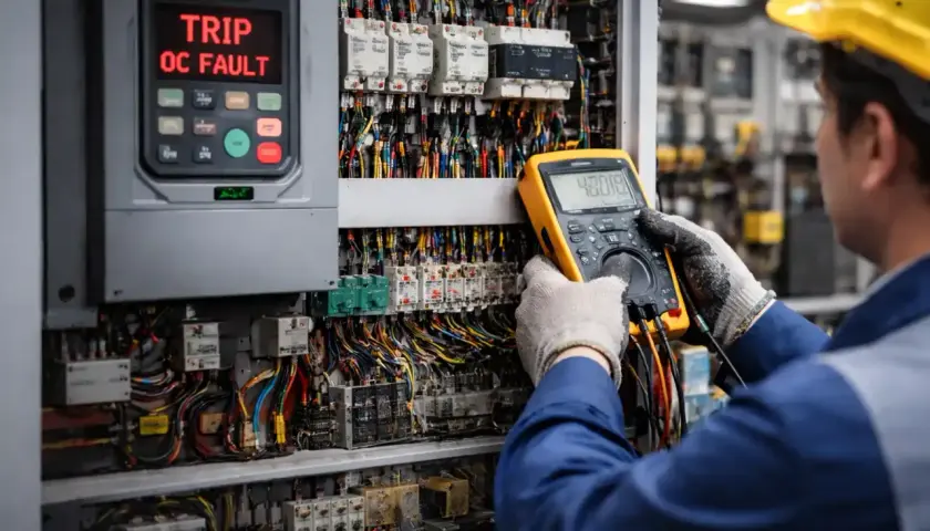Technician performing VFD troubleshooting on a complex electrical panel, with a "TRIP OC FAULT" displayed.