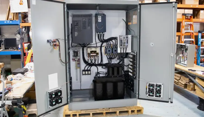 Inside an open electrical cabinet, a VFD drive cooling system with multiple fans is visible, alongside transformers and other components.