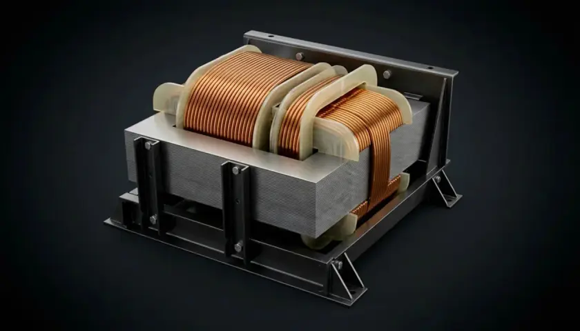 A detailed view of an isolation transformer, showcasing its copper windings and laminated core, essential for electrical safety.