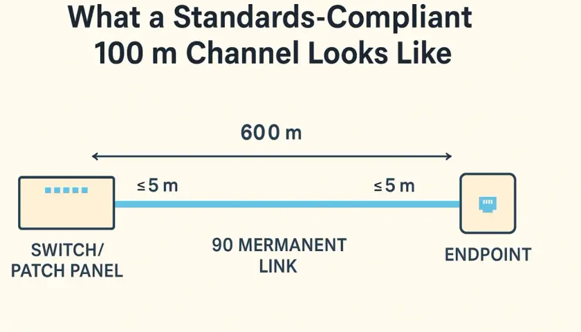 Diagram shows a 100m channel, with a 90m permanent link and two 5m patch cords, illustrating the ethernet cable distance limit.