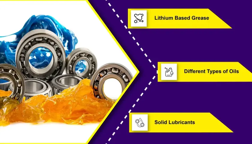Several ball bearings are shown, some coated in orange grease and others in blue grease. These are essential components for smooth operation of bearings in a motor.