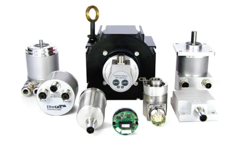 A collection of Posital Fraba encoders and sensors, showcasing various models with different connectors and mounting styles.