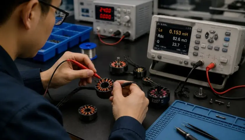 Technician performs a motor winding resistance test, checking inductance and resistance values on a digital meter.