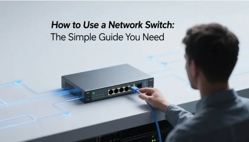 A man connects a blue Ethernet cable to a network switch, illustrating how to configure a network switch for optimal connectivity.