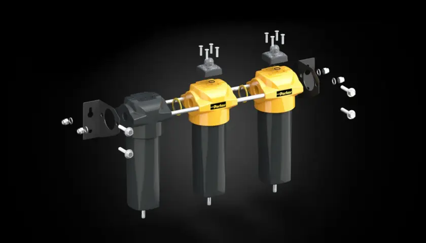 Exploded view of a Parker filtration innovation center system, showcasing its modular design with yellow filter housings and black components.