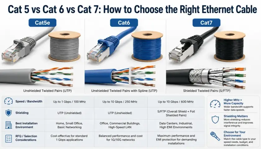 Comparing types of cat cables: Cat5e (UTP), Cat6 (UTP with spline), and Cat7 (S/FTP), detailing speed, shielding, and best environments.