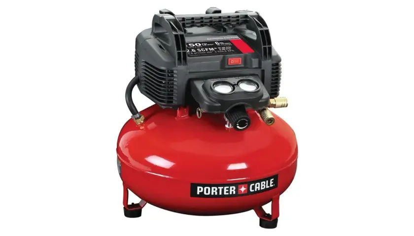 A red Porter Cable air compressor, a powerful tool for any DIYer, ready to tackle projects where an air pump just won't cut it.