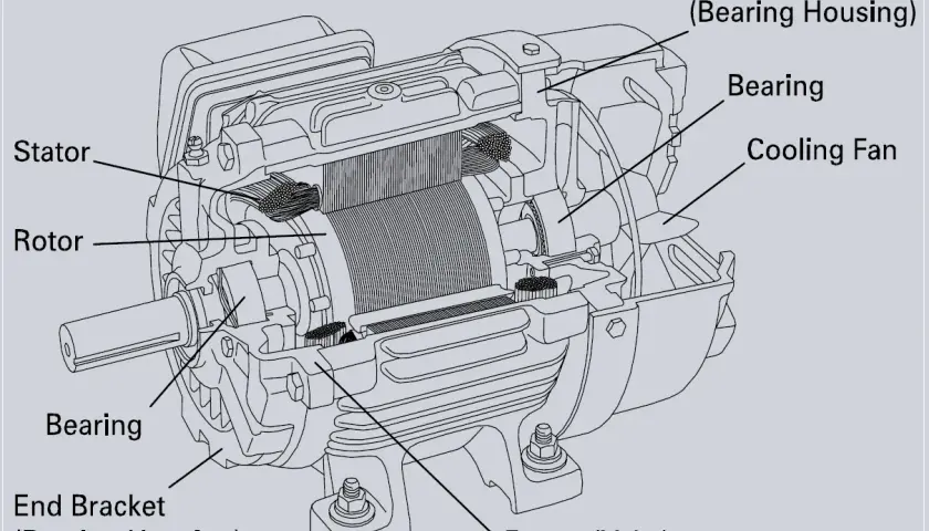 Cutaway view of an electric motor, showing the stator, rotor, bearings, cooling fan, and end brackets.