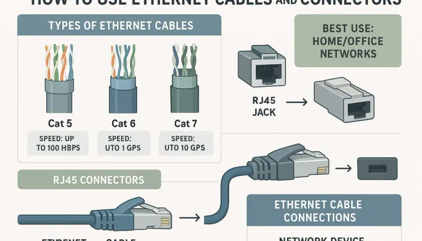 Diagram shows different ethernet cable connector types: Cat 5, 6, 7 cables, RJ45 jacks, and how they connect to network devices.