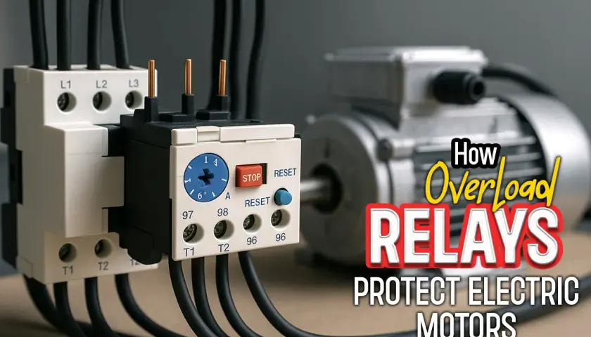 Close-up of electrical components, including overload relays and an electric motor, illustrating how overload relays protect electric motors.