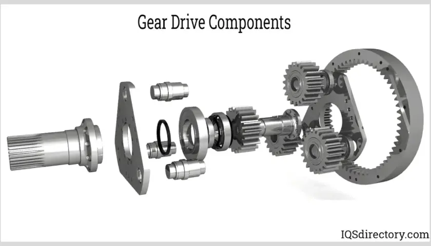 Exploded view of gear drive components, showing a splined shaft, gears, bearings, and a ring gear. Essential parts for any gear head motors.