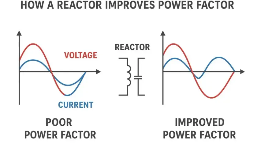 Diagram shows how a reactor improves power factor by aligning voltage and current waveforms.