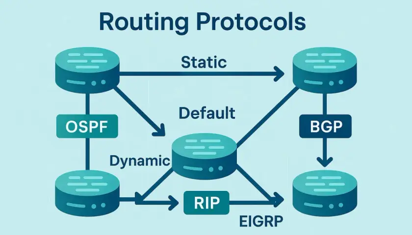 Diagram illustrating static and dynamic layer 3 routing protocols like OSPF, RIP, EIGRP, and BGP, with default routing.