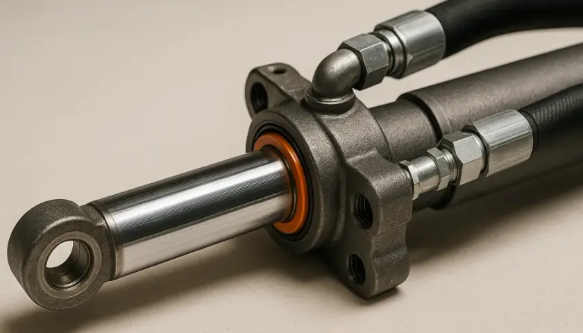 Close-up of a hydraulic cylinder, showcasing its polished rod and various hydraulic cylinder rod end types with attached hoses.