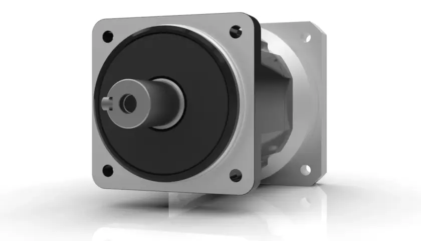 A silver and black gearhead motor with a shaft, ready for action.