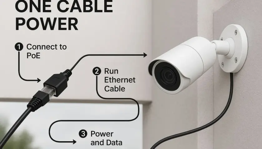 Diagram shows how to connect a security camera using one cable for both power and data via PoE.