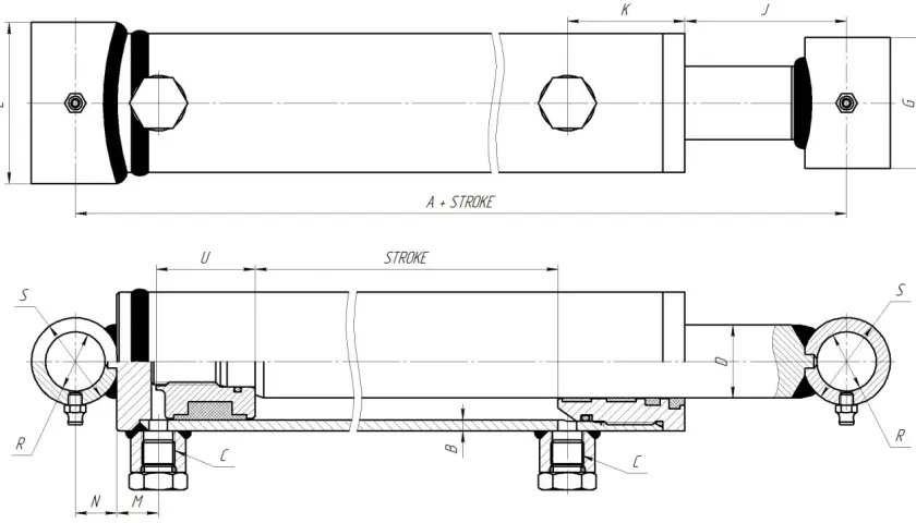 Technical drawing showing how to measure hydraulic cylinder stroke, with dimensions labeled.