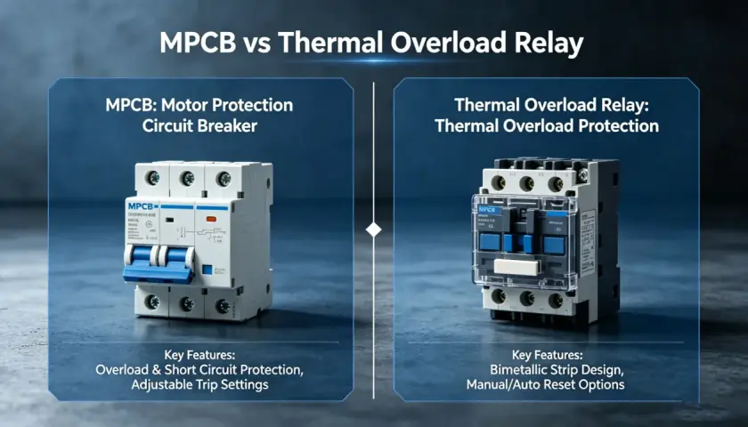 MPCB motor circuit protector vs thermal overload relay, showing their distinct designs and key features for motor protection.