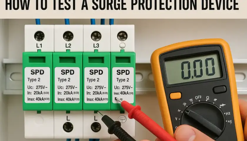 Testing surge protection devices (SPDs) with a multimeter. This surge testing ensures your electrical system is safe.