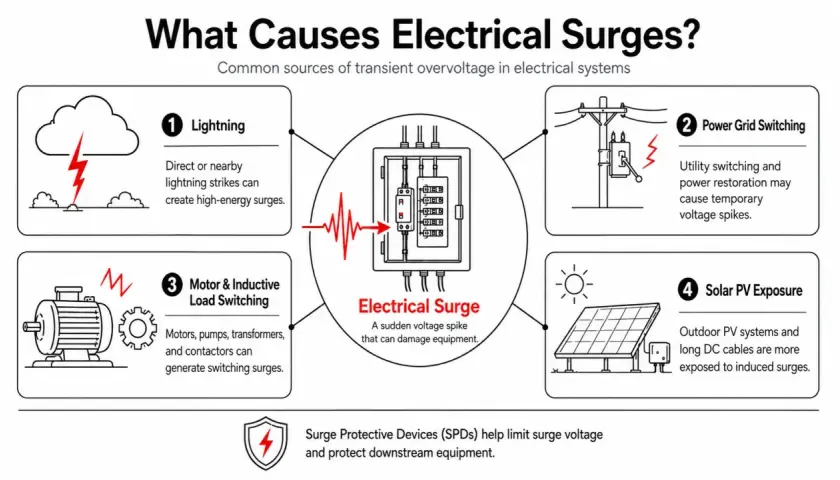 Diagram shows causes of electrical surges: lightning, power grid switching, motor/inductive load switching, and solar PV exposure. An overvoltage is a sudden voltage spike.