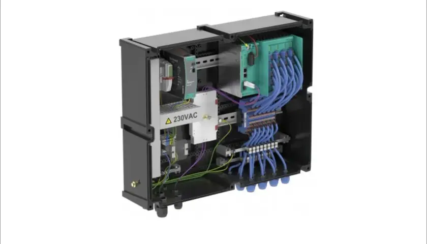 Inside a black enclosure, a complex electrical system with many blue ethernet cables and a 230VAC warning.
