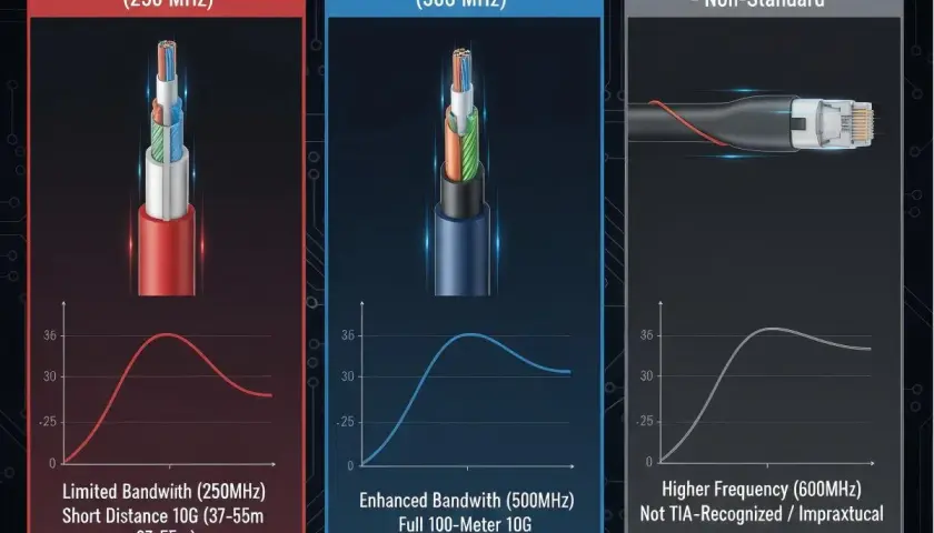 Comparison of Cat 6a vs Cat 7 cables, showing Cat 6a's enhanced bandwidth for full 100m 10G, while Cat 7 is non-standard.