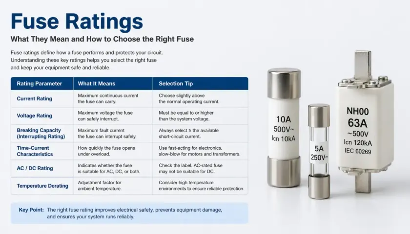 Fuse ratings explain what a fuse is in a circuit: its current, voltage, and breaking capacity. Image shows three fuses with their ratings.