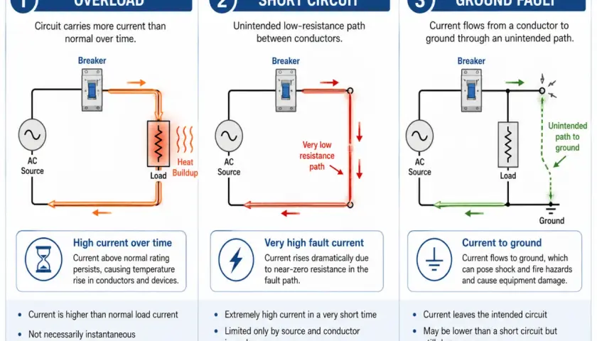 Diagrams illustrate overload, short circuit, and ground fault protection, explaining how excessive current, like in a magnetic overload, can damage circuits.