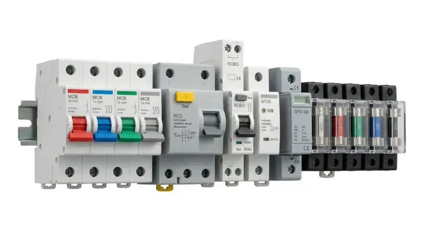 A row of electrical circuit protection devices, including MCBs, RCDs, RCBOs, AFDDs, and an SPD, all mounted on a DIN rail.