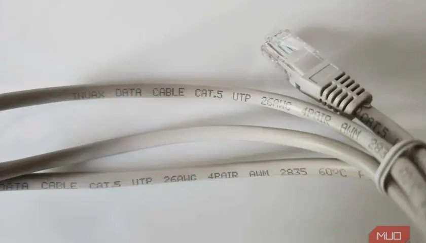 Two gray data cables, one with an RJ45 connector, highlight the difference between ethernet and phone cable.