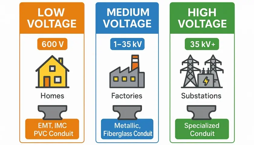 Diagram shows low voltage (600V for homes), medium voltage (1-35kV for factories), and high voltage (35kV+ for substations) with associated conduit types.