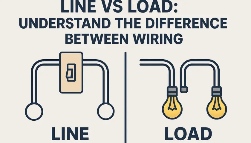 Diagram shows a switch on the left labeled "LINE" and two light bulbs on the right labeled "LOAD," illustrating the difference in wiring.